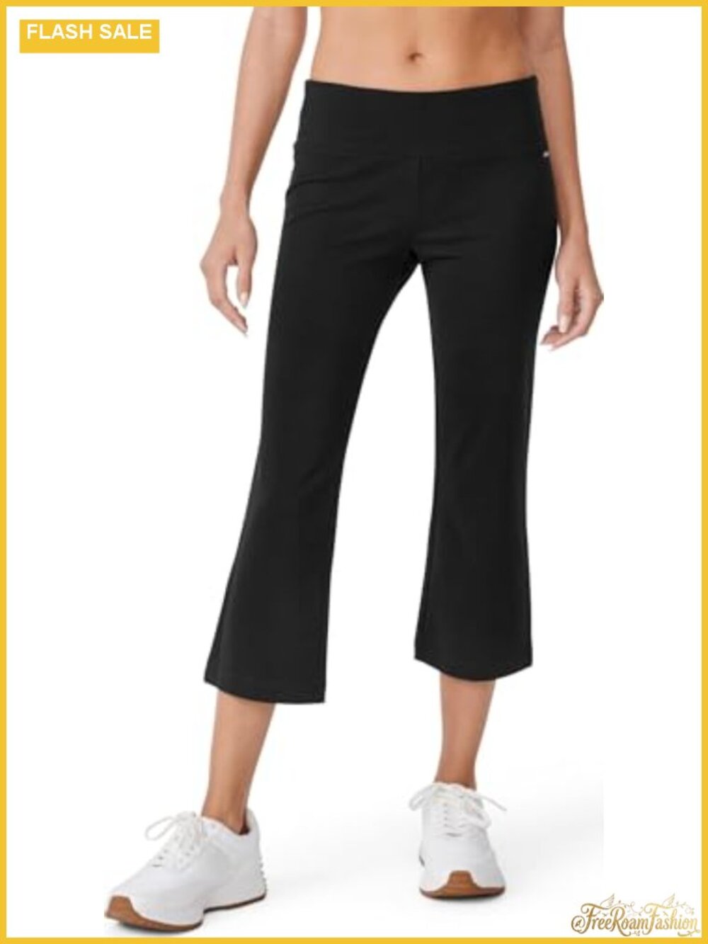 Cotton Spandex Slim Fit Flare Capri Yoga Pants with Waistband Pocket